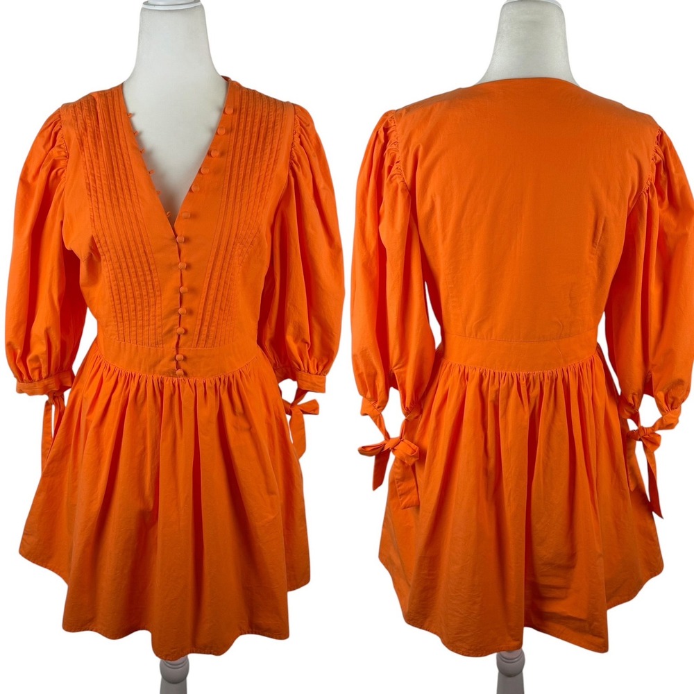 Showpo Zandra Mini Dress Size 8 Orange Puff Sleeve Cotton Poplin Vibrant Bright - Picture 2 of 15